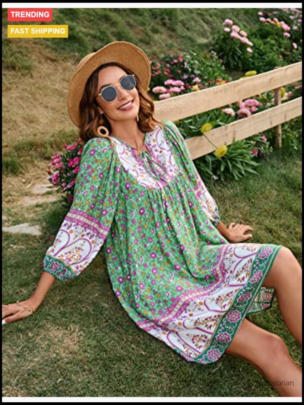 V Neck 3/4 Sleeve Floral Print Babydoll Dress with Pockets - Picture 4 of 7